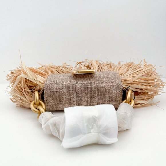Brandon Blackwood Micro Nia Bag in Beige Linen with Fringed Wicker and Gold Bras - Picture 5 of 14